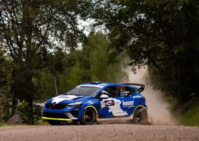 Renault rally car kicking up dust on a gravel track during an intense race.